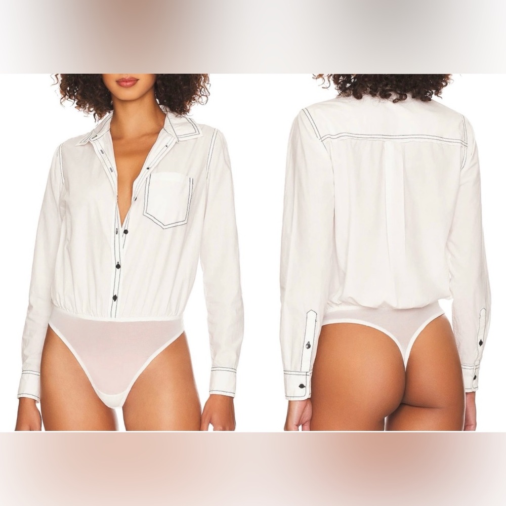 Free People Power Move Bodysuit Top White with Black Contrast Stitching Size XS‎